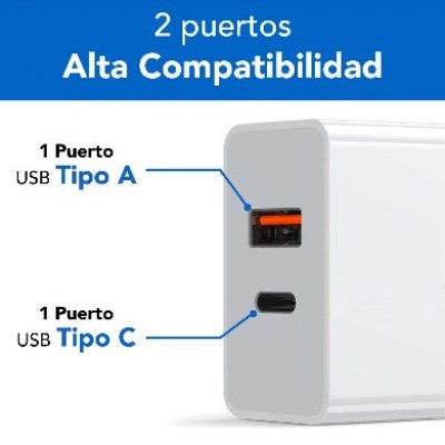 Cargador Carga Rápida, Dual USB V3.0 18W, 1 Puerto Tipo A y 1 Puerto Tipo C BROBOTIX 6000502